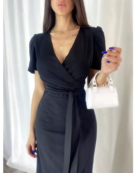 Kadın Kruvaze Yaka Midi Boy Kuşaklı Krep Elbise 120 Cm