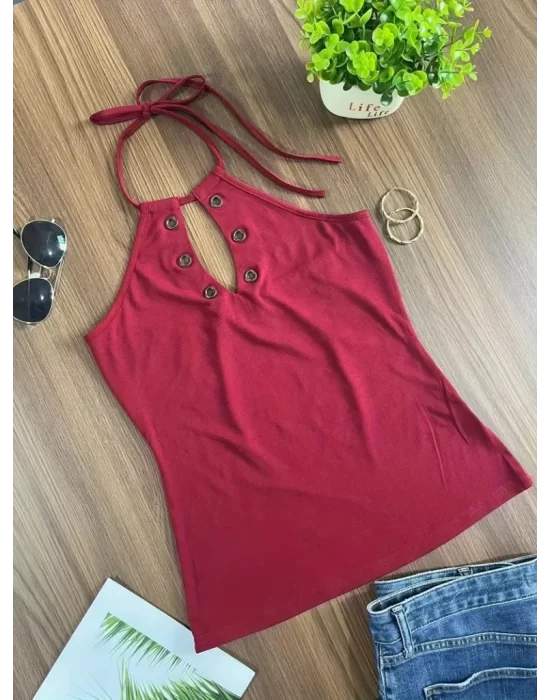 Kadın Kuş Gözü Ve Dekolte Detay Boyundan Bağlamalı Viskon Bluz