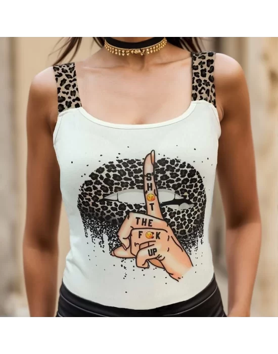 Kadın Leopar Askılı Leopar Baskılı Mikro Kumaş Bluz