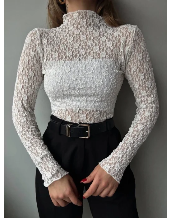 Kadın Likralı Dantel Transparan Uzun Kol Crop Bluz