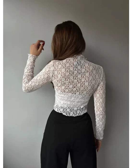 Kadın Likralı Dantel Transparan Uzun Kol Crop Bluz