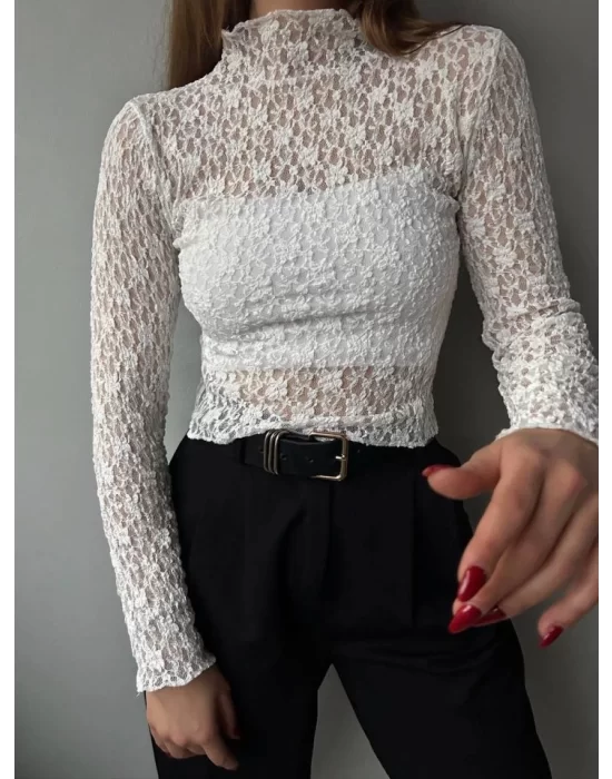 Kadın Likralı Dantel Transparan Uzun Kol Crop Bluz