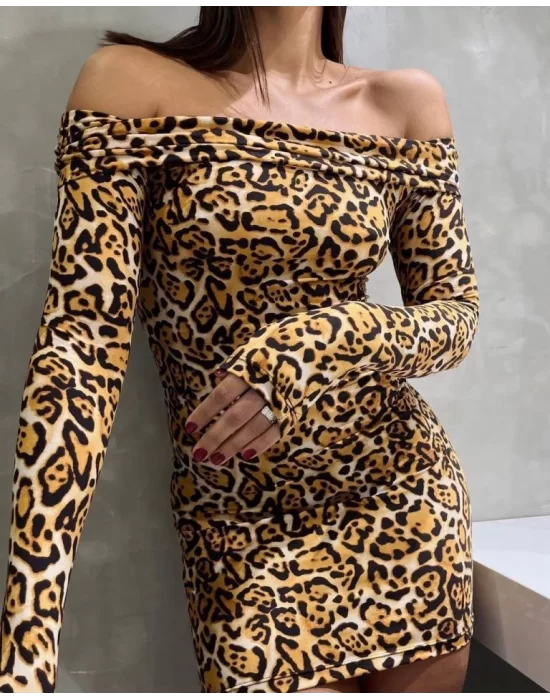 Kadın Madonna Mendil Yaka Leopar Desen Mini Elbise