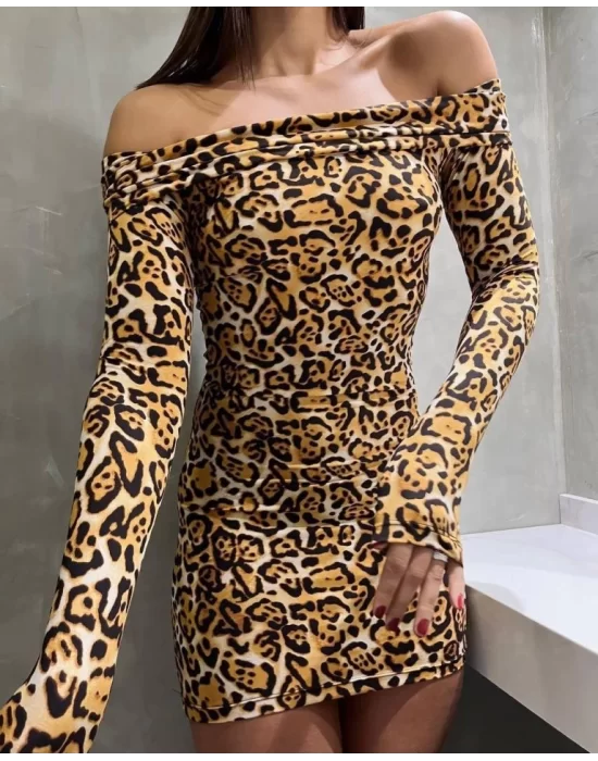 Kadın Madonna Mendil Yaka Leopar Desen Mini Elbise