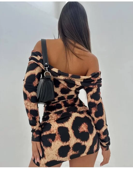 Kadın Madonna Mendil Yaka Leopar Desen Mini Elbise