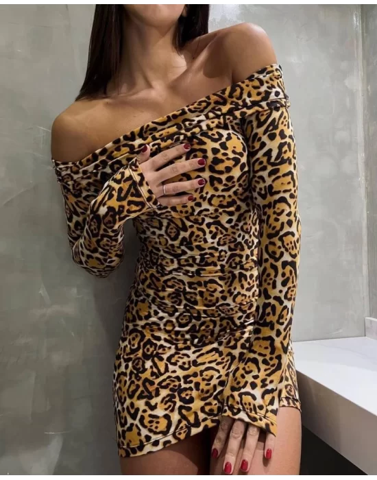 Kadın Madonna Mendil Yaka Leopar Desen Mini Elbise