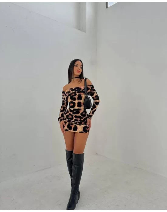 Kadın Madonna Mendil Yaka Leopar Desen Mini Elbise