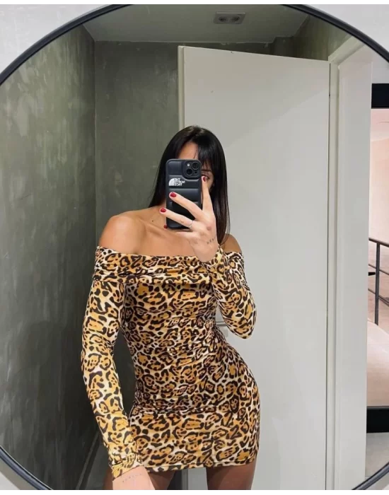 Kadın Madonna Mendil Yaka Leopar Desen Mini Elbise