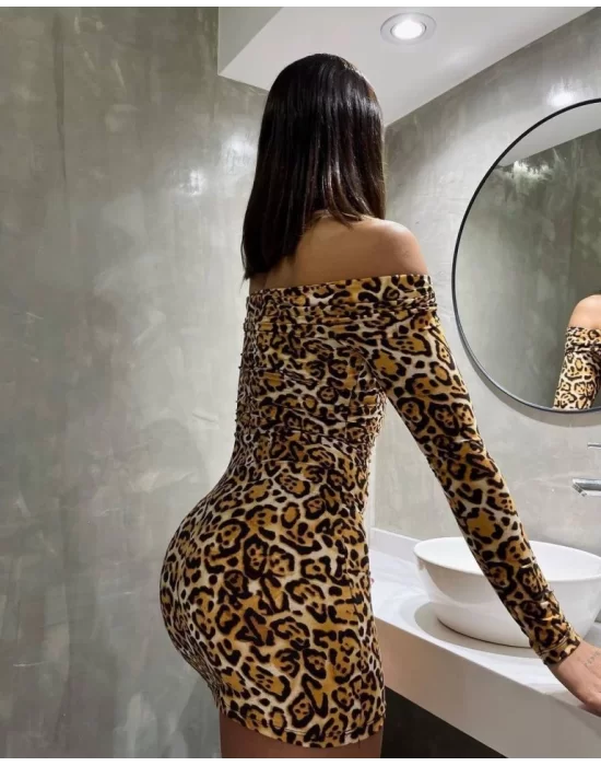 Kadın Madonna Mendil Yaka Leopar Desen Mini Elbise