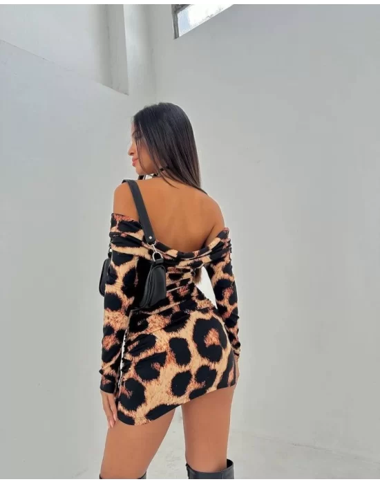 Kadın Madonna Mendil Yaka Leopar Desen Mini Elbise