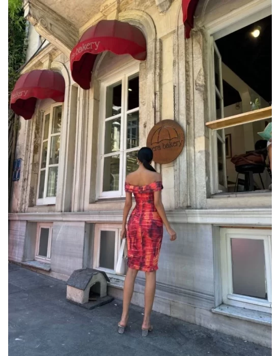 Kadın Madonna Yaka Dalga Desen Midi Boy şifon Elbise