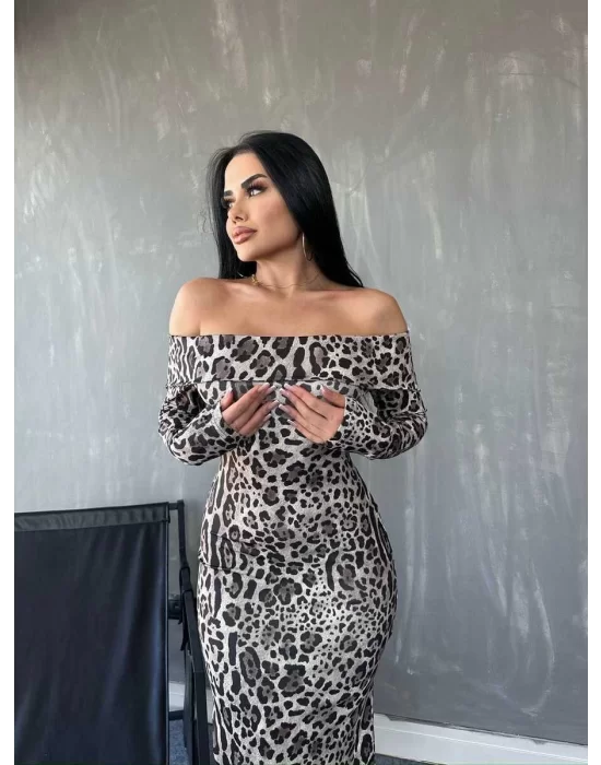 Kadın Madonna Yaka Dalgıç Kumaş Leopar Desen Maxi Boy Derin Yırtmaçlı Elbise