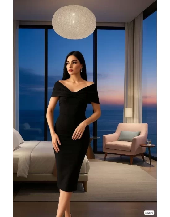 Kadın Madonna Yaka Dalgıç Kumaş Midi Boy Elbise