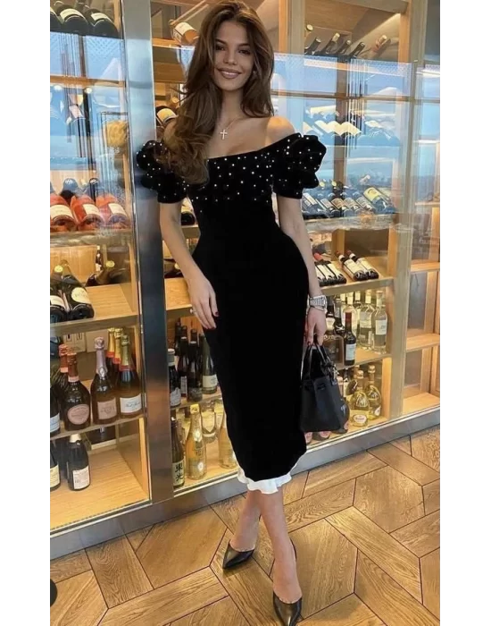Kadın Madonna Yaka Etegi Astarlı Inci Detay Midi Boy Elbise