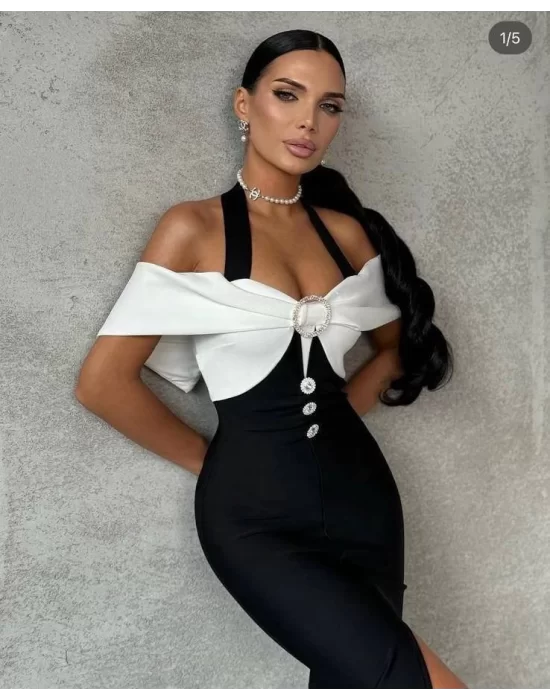 Kadın Madonna Yaka Tasarım Taş Ve Düğme Detay Dalgıç Kumaş Elbise
