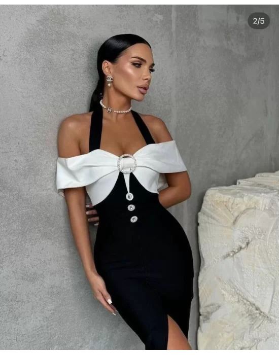 Kadın Madonna Yaka Tasarım Taş Ve Düğme Detay Dalgıç Kumaş Elbise