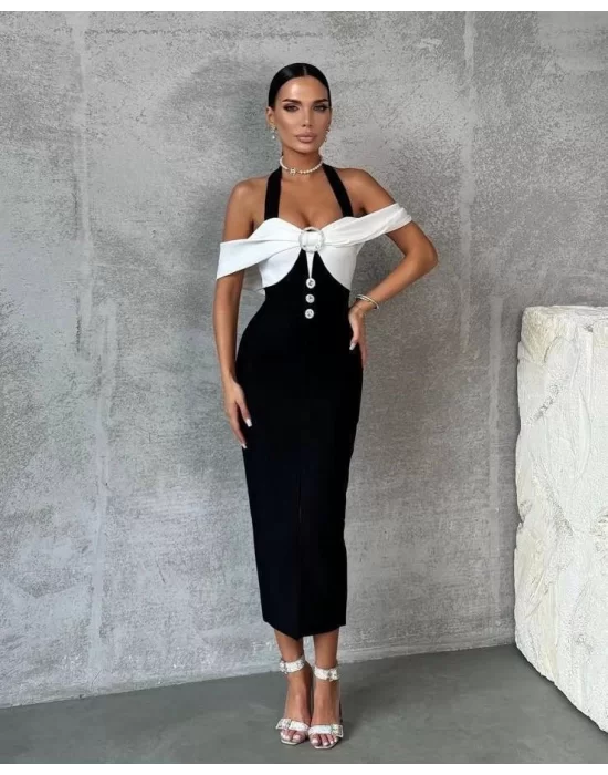 Kadın Madonna Yaka Tasarım Taş Ve Düğme Detay Dalgıç Kumaş Elbise