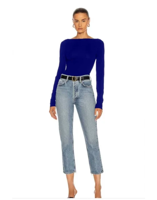 Kadın Mavi Sırt Dekolte Uzun Kollu Bodysuit