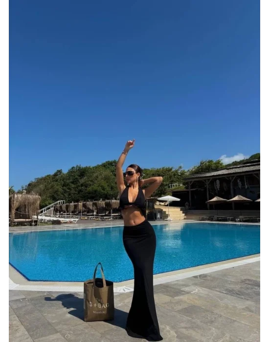 Kadın Mayo Kumaş Bağlamalı Crop Ve Maxi Boy Etek Ikili Takım