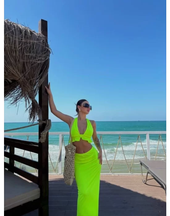 Kadın Mayo Kumaş Bağlamalı Crop Ve Maxi Boy Etek Ikili Takım