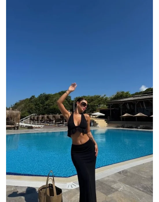 Kadın Mayo Kumaş Bağlamalı Crop Ve Maxi Boy Etek Ikili Takım