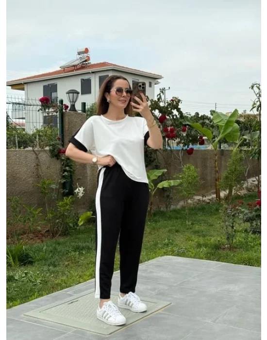 Kadın Modal Dokulu Kumaş Yanı şeritli Takım