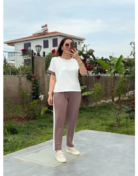 Kadın Modal Dokulu Kumaş Yanı şeritli Takım