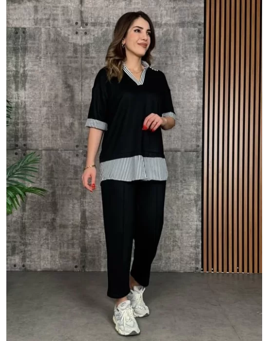 Kadın Modal Kumaş çizgili Gömlek Yaka Ikili Takım