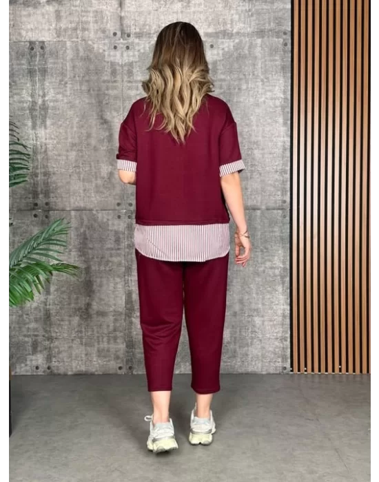 Kadın Modal Kumaş çizgili Gömlek Yaka Ikili Takım