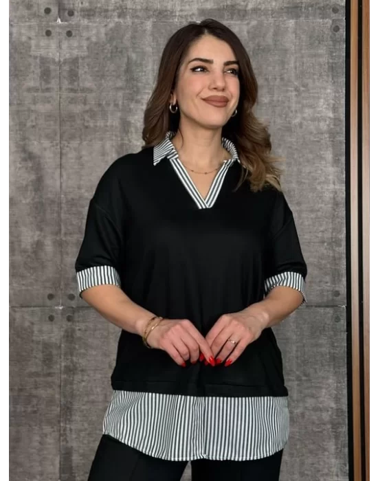 Kadın Modal Kumaş çizgili Gömlek Yaka Ikili Takım