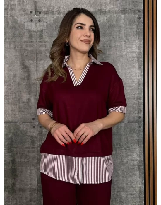 Kadın Modal Kumaş çizgili Gömlek Yaka Ikili Takım