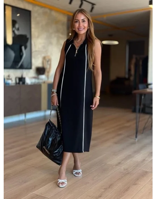 Kadın Modal Kumaş şerit Detaylı Fermuarlı Midi Elbise