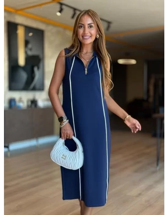 Kadın Modal Kumaş şerit Detaylı Fermuarlı Midi Elbise