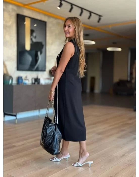 Kadın Modal Kumaş şerit Detaylı Fermuarlı Midi Elbise