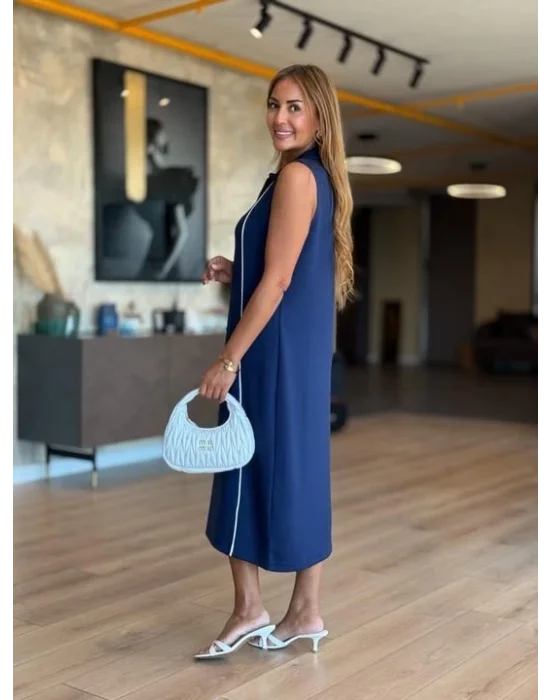 Kadın Modal Kumaş şerit Detaylı Fermuarlı Midi Elbise