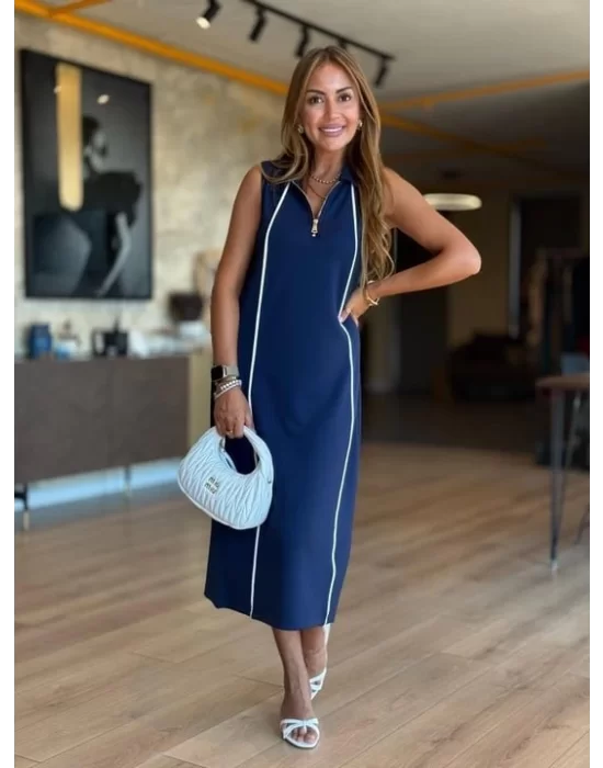 Kadın Modal Kumaş şerit Detaylı Fermuarlı Midi Elbise
