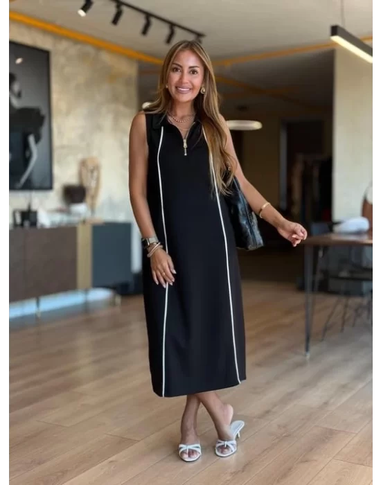 Kadın Modal Kumaş şerit Detaylı Fermuarlı Midi Elbise