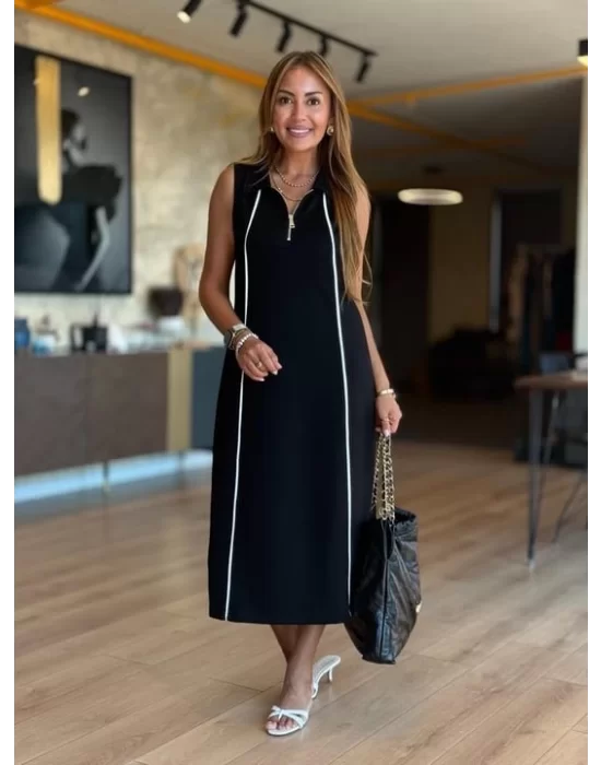 Kadın Modal Kumaş şerit Detaylı Fermuarlı Midi Elbise