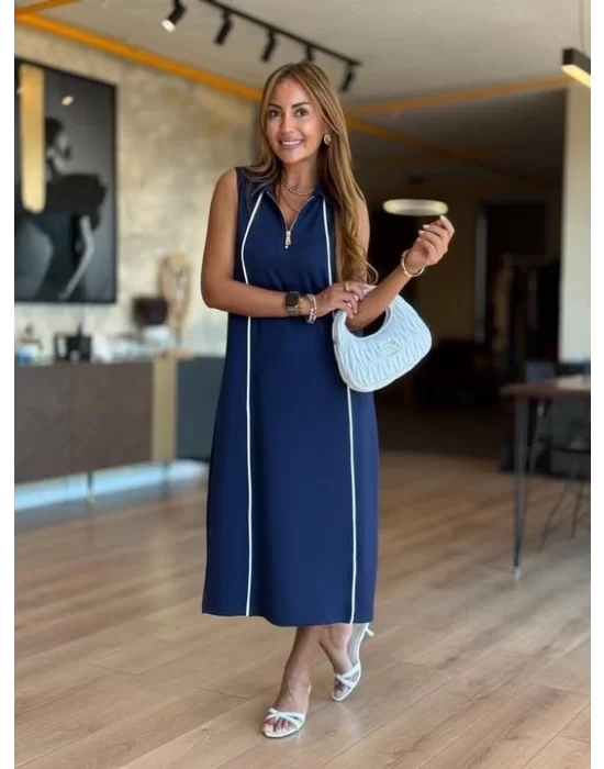 Kadın Modal Kumaş şerit Detaylı Fermuarlı Midi Elbise