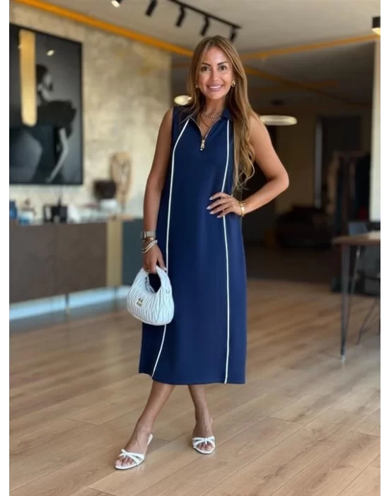 Kadın Modal Kumaş şerit Detaylı Fermuarlı Midi Elbise