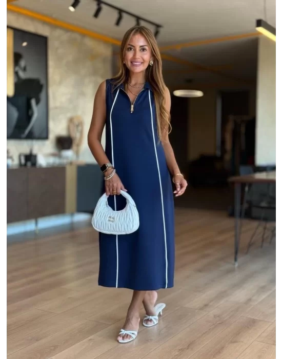 Kadın Modal Kumaş şerit Detaylı Fermuarlı Midi Elbise