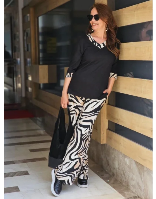 Kadın Modal Kumaş V Yaka Dirsek Kol Zebra Desenli Ikili Takım