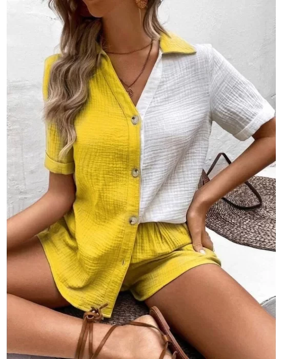 Kadın Müslim Keten Kumaş çiftren şort Gömlek Takım