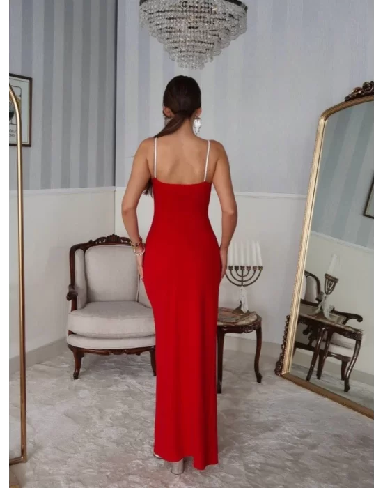 Kadın Omuz Askılı Derin Yırtmaç Detay Maxi Boy Elbise