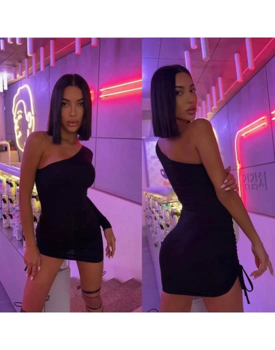 Kadın Omuz Dekolteli Asansör Büzgü Detay Fırsat ürün Mini Siyah Elbise