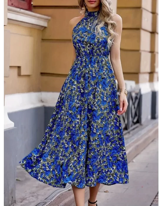 Kadın Omuzlardan Açık Daire Yaka Desenli Maxi Süprem Elbise