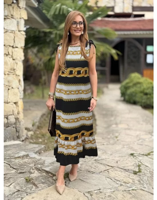 Kadın Omuzlardan Büzgülü Kayık Yaka Fırfırlı Janjan Krep Elbise