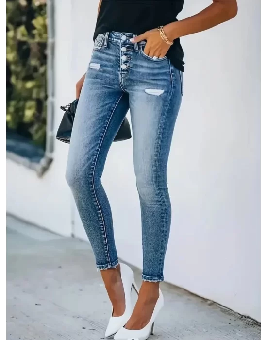 Kadın önü Düğmeli Eskitme Slim Fit Kot Pantolon