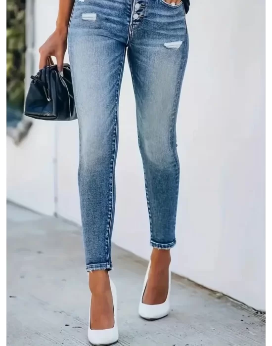 Kadın önü Düğmeli Eskitme Slim Fit Kot Pantolon