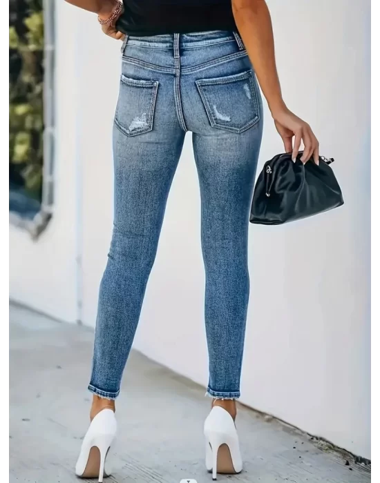 Kadın önü Düğmeli Eskitme Slim Fit Kot Pantolon